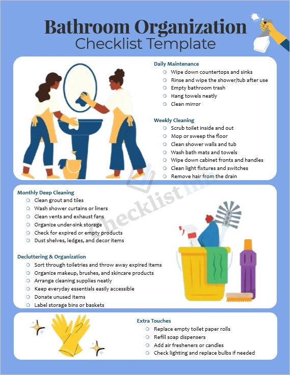 Bathroom organization checklist template cover page with clean layout and organized bathroom theme