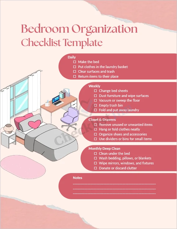 Bedroom organization checklist template cover page with clean layout and daily weekly and monthly tasks
