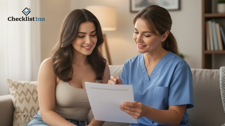 Caregiver and woman reviewing a medication checklist together