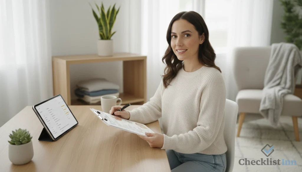 A woman reviewing a completed home organization checklist at her desk, showing a clear and simple action plan.