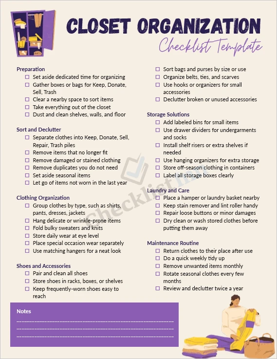 Printable closet organization checklist cover page with clean layout and simple task sections