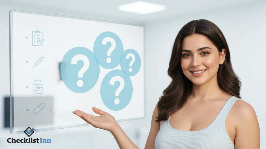 Woman presenting medication checklist help and FAQs on screen