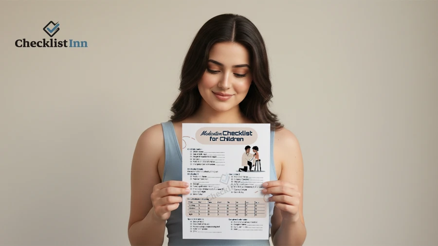Woman holding a medication checklist paper ready for customization