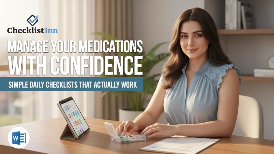 Woman confidently managing daily medications with a printed checklist