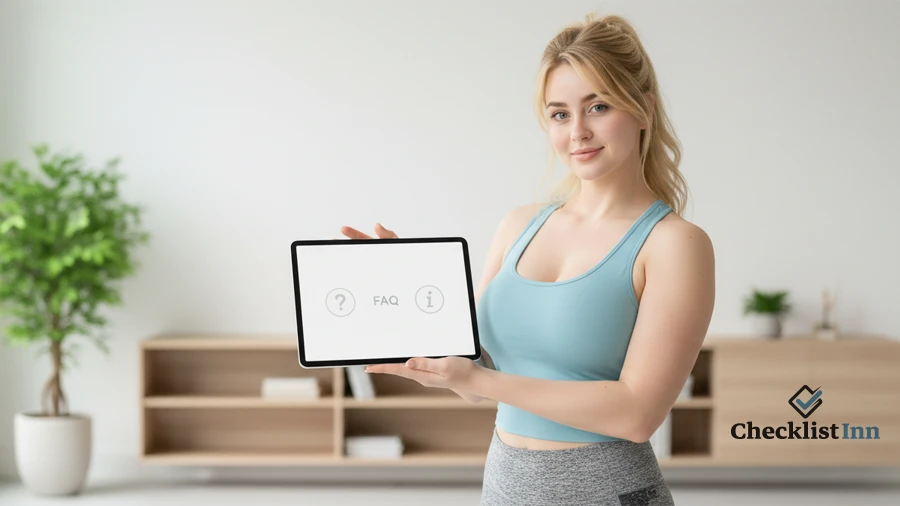 Woman explaining workout checklist details while pointing at a tablet with FAQ icons