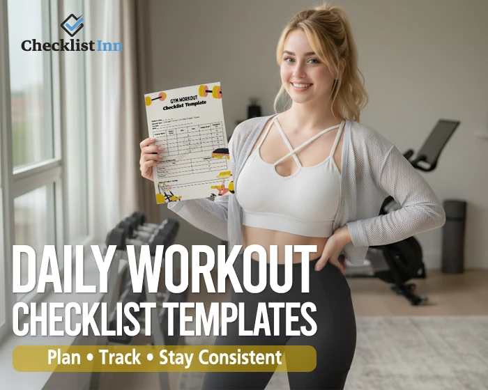 Woman holding a daily workout checklist in a bright home workout space