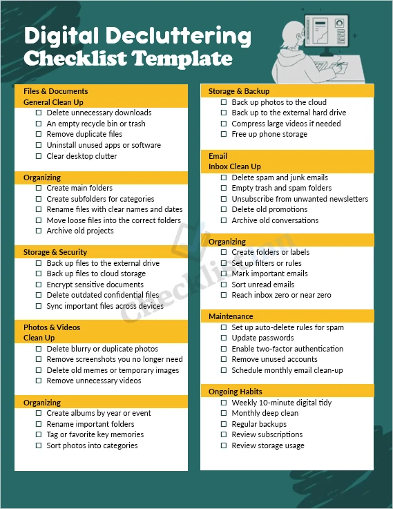 Digital Decluttering Checklist cover page organized files photos and email