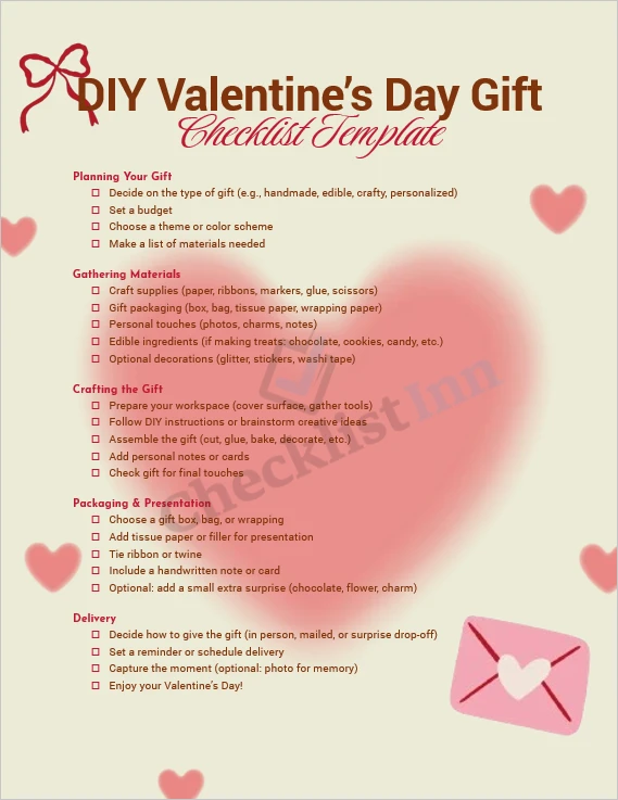 DIY Valentines Day gift checklist printable cover page with romantic themed design and organized task sections
