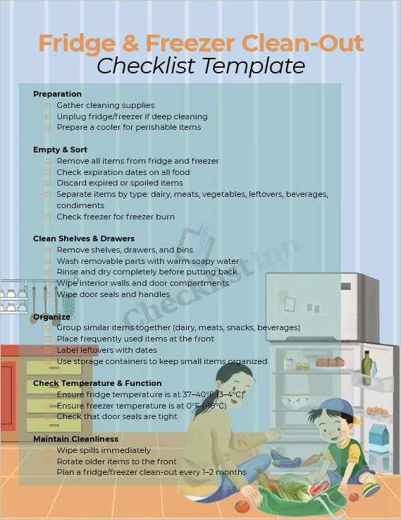 Fridge and freezer clean out checklist cover page with icons of fridge and freezer