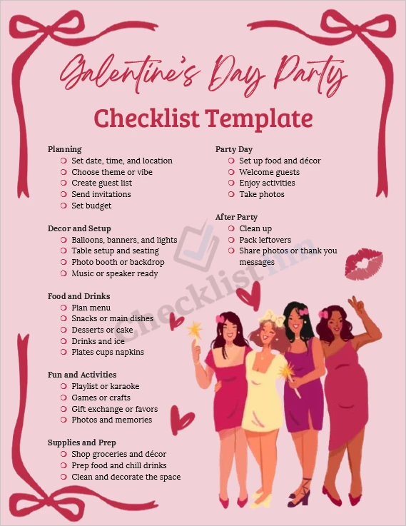 Galentines Day party checklist template cover page with organized planning sections for friends celebration
