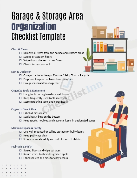 Garage and storage area organization checklist cover page with clean layout and task sections