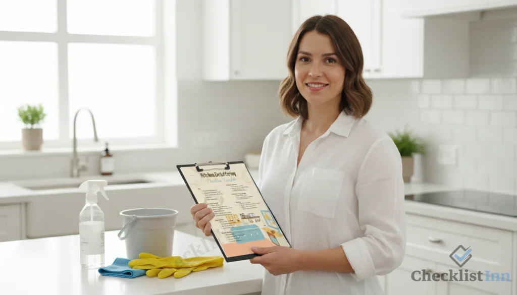 A woman using a printed cleaning checklist at home with cleaning supplies nearby, showing practical use of organization templates.