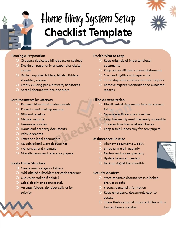 Home filing system setup checklist cover page with clean printable layout and organized document planner design