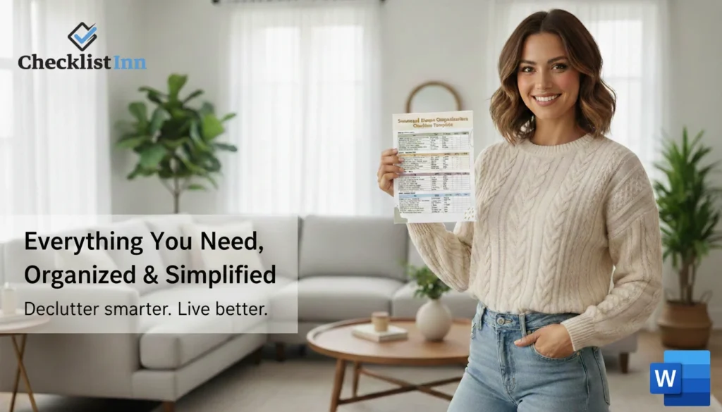 “Woman holding a home organization checklist in a clean and well-organized living room”
