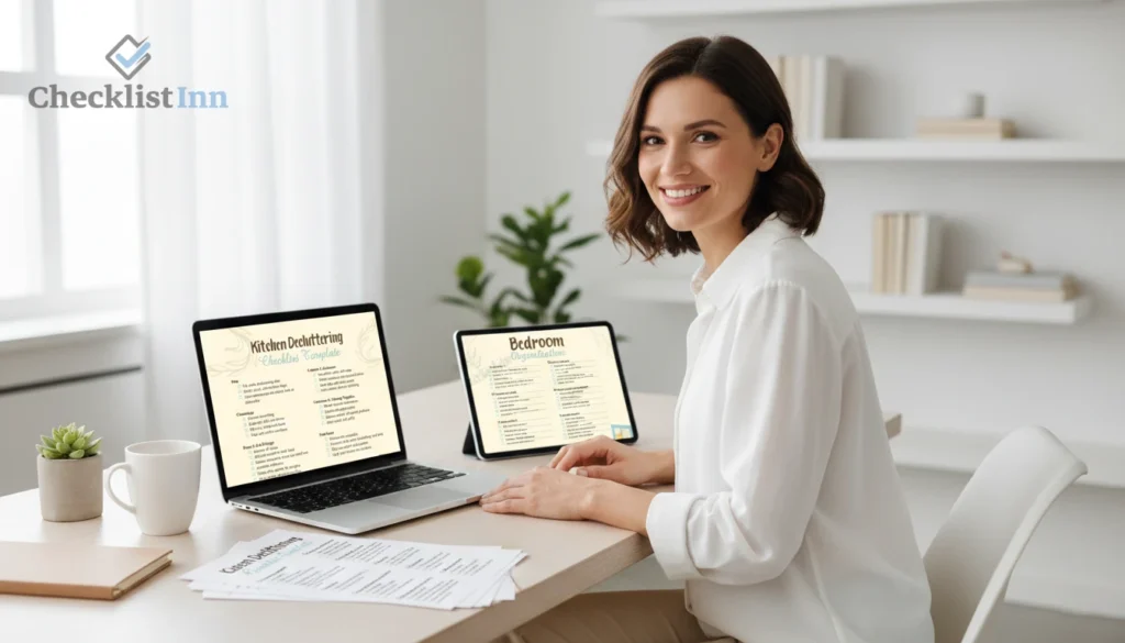 Home organization and decluttering checklist templates displayed on laptop, tablet, and printed pages