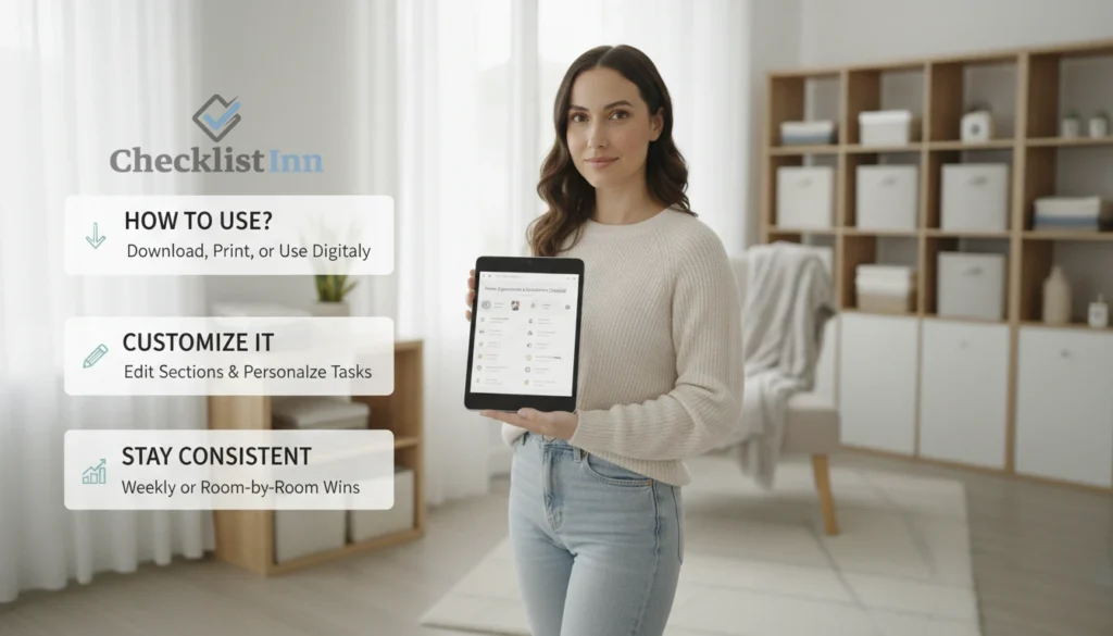 Woman holding a tablet displaying a Home Organization & Decluttering Checklist in a bright, organized living room with labeled storage baskets and neatly arranged shelves.