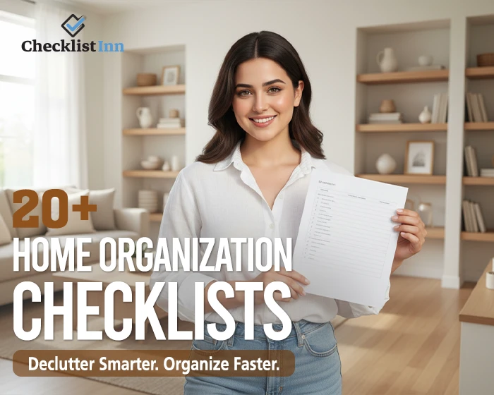 Woman holding a home organization and decluttering checklist in a bright modern living room.