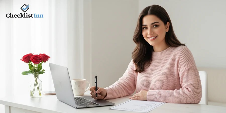 Woman following Valentine’s Day planning checklist step by step on laptop and printed planner