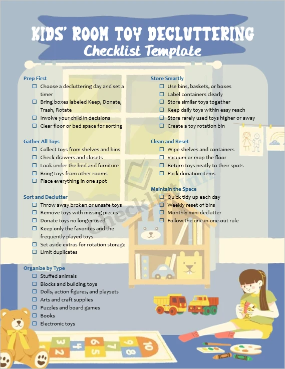 Kids room toy decluttering checklist cover page printable template