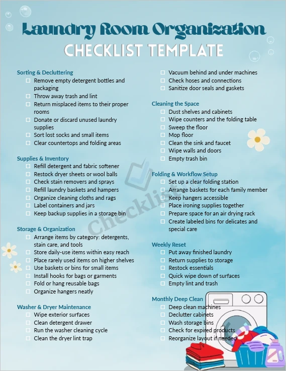 Laundry room organization checklist printable cover page with clean minimal layout