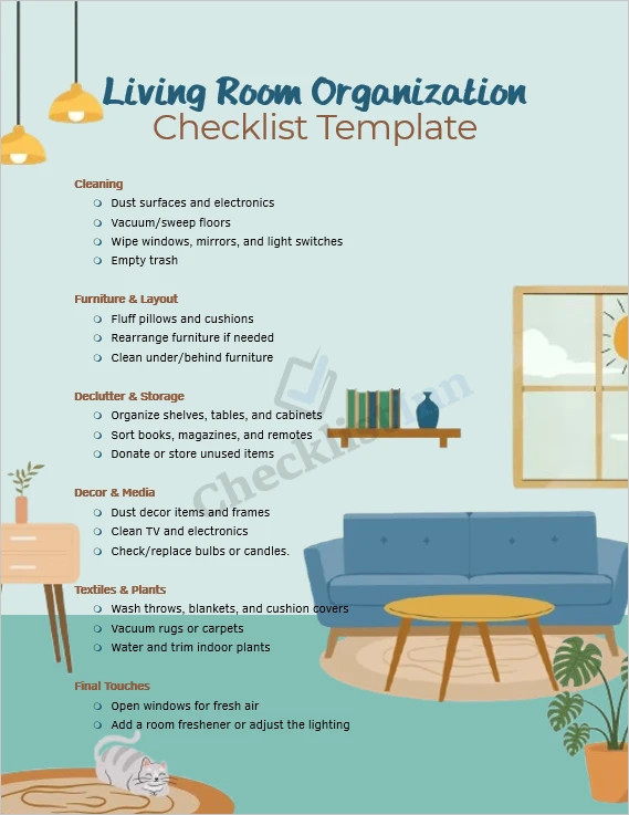 Living room organization checklist cover page with clean layout and task sections