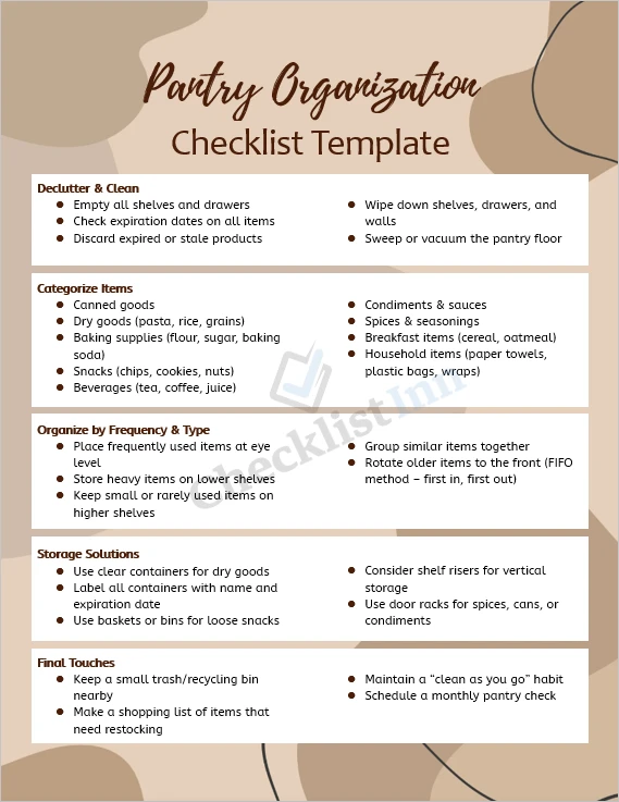 Pantry Organization Checklist Cover Page with Kitchen Shelves and Organized Containers