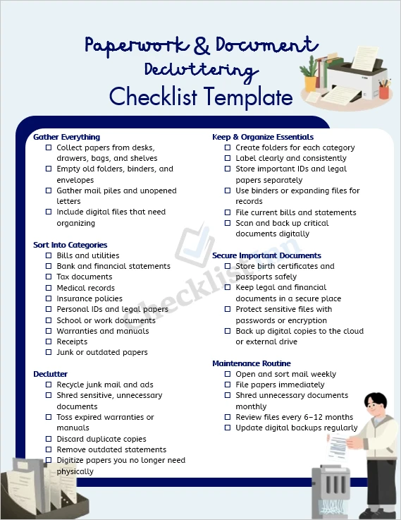 Paperwork and document decluttering checklist cover page with clean printable layout