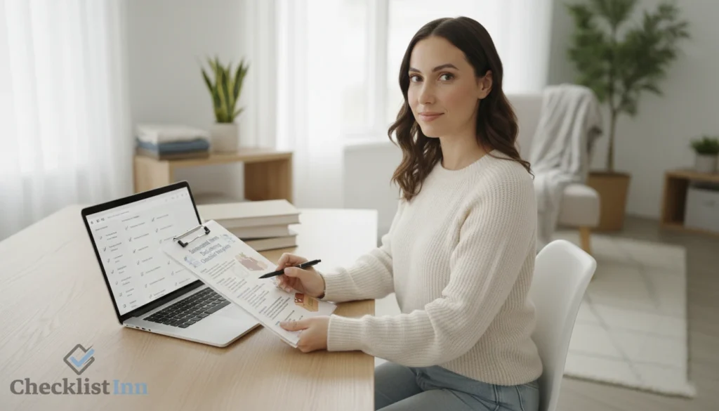 A professional woman reviewing a home organization checklist in a tidy home workspace, showing trusted and practical everyday use.