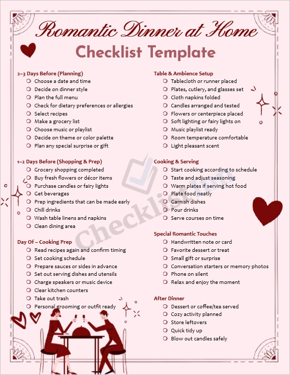 Romantic dinner at home checklist cover page with elegant layout candles flowers and dinner table theme
