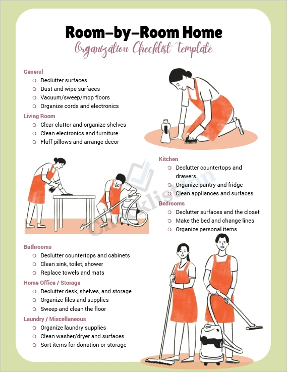 Room by room home organization checklist printable cover page with organized layout and task sections