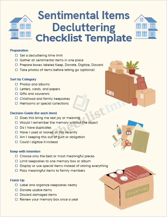 Sentimental items decluttering checklist cover page printable template with clean minimal design