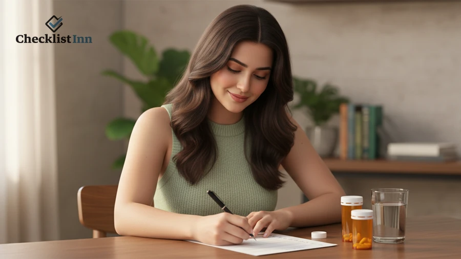 Woman filling out a daily medication checklist with pill bottles on table