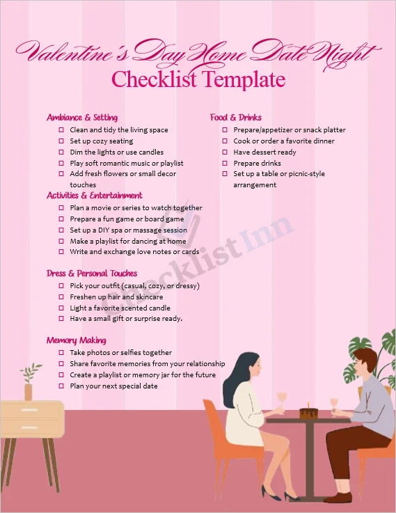 Valentine Home Date Night Checklist cover page with romantic decorations
