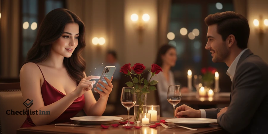 Woman planning romantic Valentine’s date night with checklist