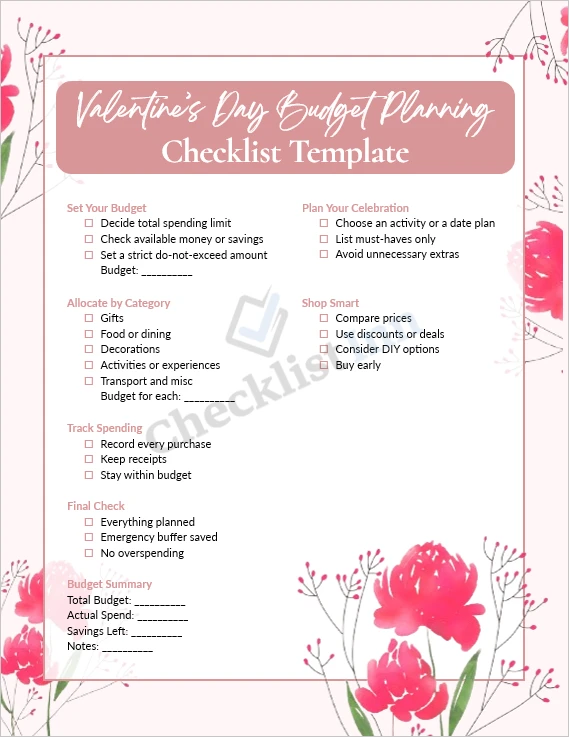 Valentines Day budget planning checklist cover page with romantic themed layout for organizing expenses