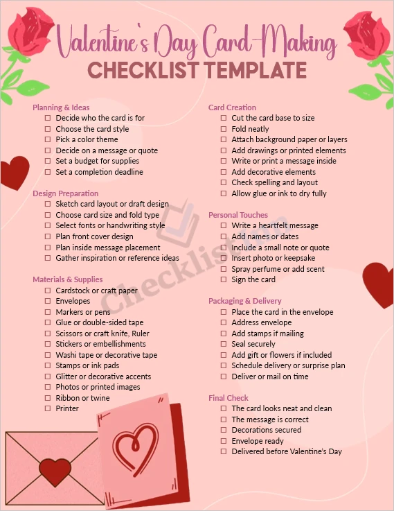 Valentines Day card making checklist cover page printable template with organized task sections