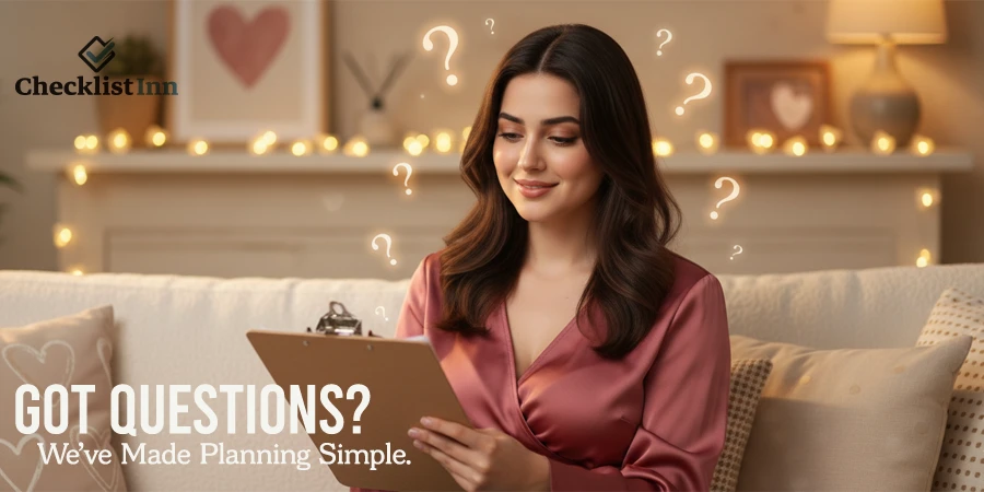 Woman reviewing Valentine’s Day checklist with thoughtful expression answering common planning questions