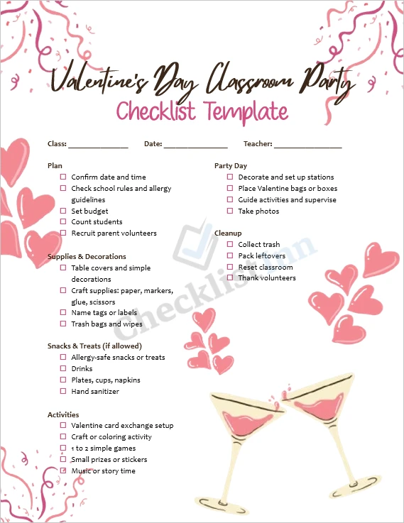Valentines Day classroom party checklist cover page printable template for teachers and parents