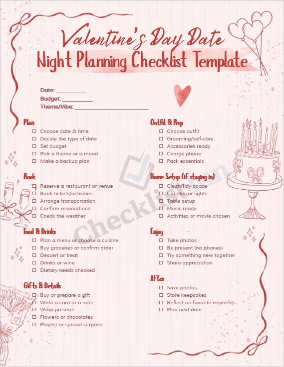 Valentines Day date night planning checklist cover page with romantic design