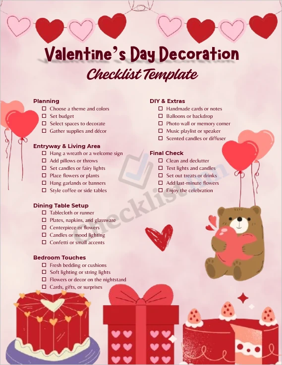 Valentines Day decoration checklist cover page with romantic themed layout and heart accents