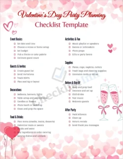 Valentines Day party planning checklist cover page with festive red pink and heart themed design