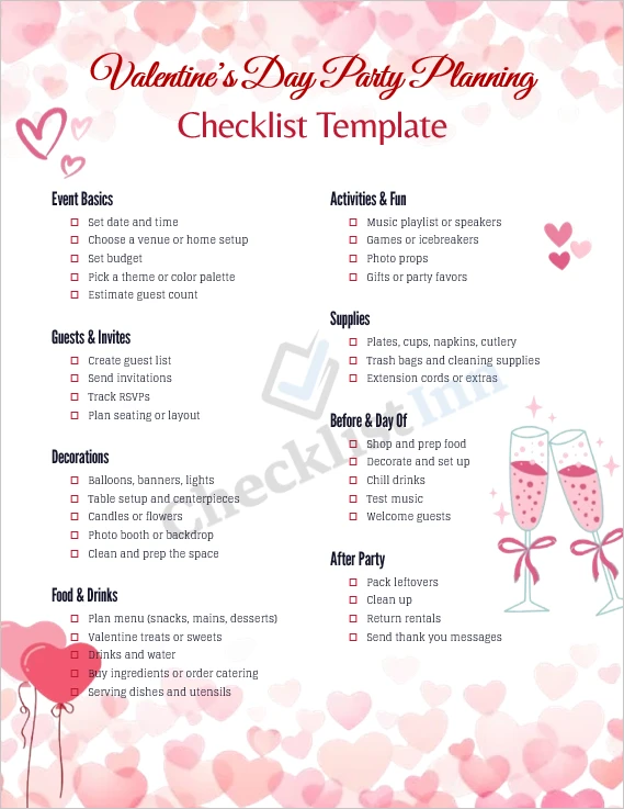 Valentines Day party planning checklist cover page with festive red pink and heart themed design