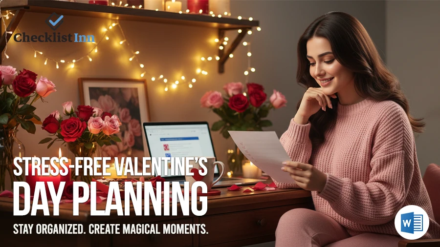 Woman planning Valentine’s Day celebration using checklist template