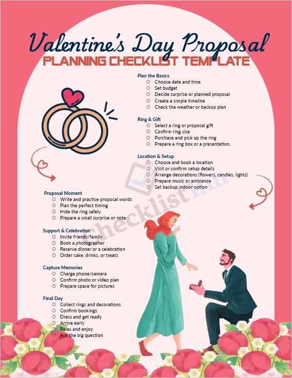 Valentines Day proposal planning checklist template cover page in Microsoft Word format
