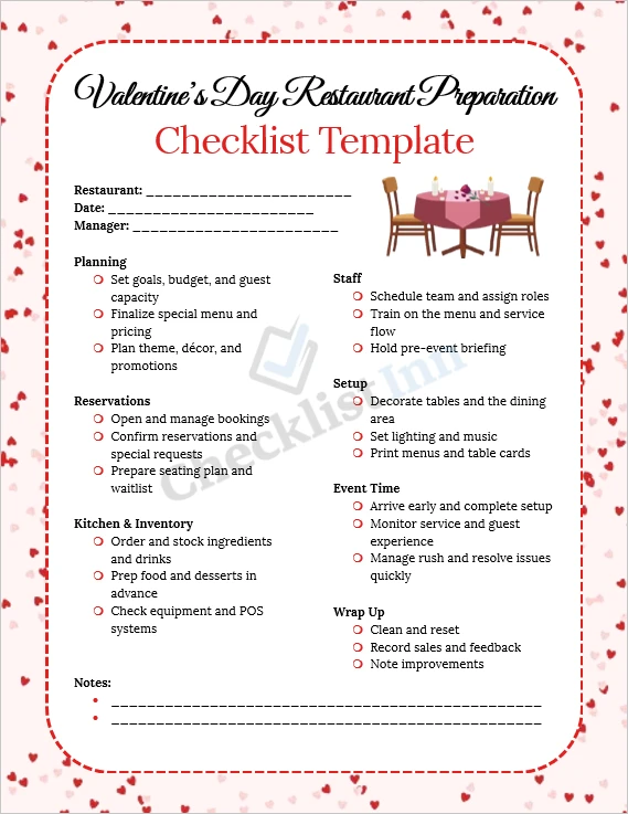 Valentines Day Restaurant Preparation Checklist cover page