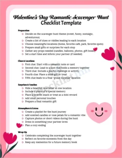 Preview of the romantic scavenger hunt checklist showing planning clues gifts and surprise sections with checkboxes