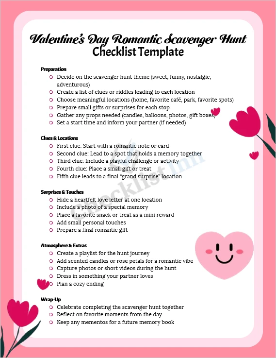 Preview of the romantic scavenger hunt checklist showing planning clues gifts and surprise sections with checkboxes