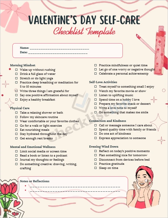 Valentines Day self care checklist template cover page with soft pink design and organized sections for daily wellness planning
