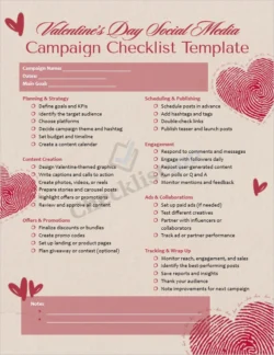 Valentines Day social media campaign checklist template cover page with organized planning sections