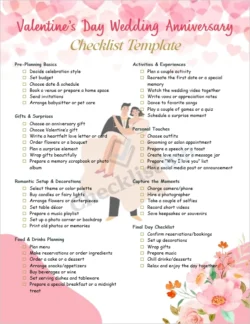 Valentines Day wedding anniversary checklist template cover page with romantic design and organized planning sections